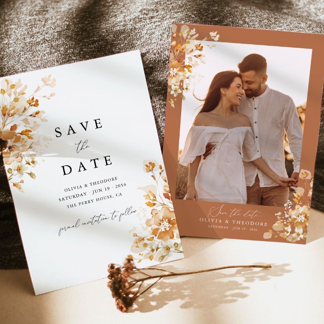 Reserve A Data Terracotta Floral Elegant Photo Back Wedding (Terracotta photo save the date card with burnt orange floral frame, elegant boho wedding)