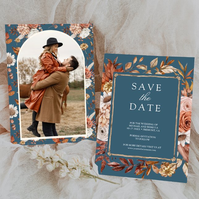 Reserve A Data Terracotta Floral Photo Dusty Blue Wedding (Criador carregado)