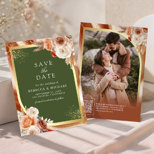 Reserve A Data Terracotta Floral Verde Oliva Código QR Casamento