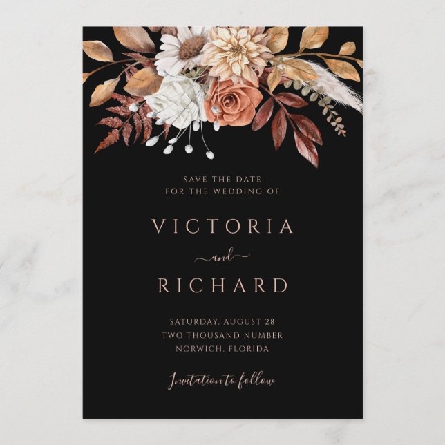 Reserve A Data Terracotta Flores Boho Outono Casamento Preto (Frente)