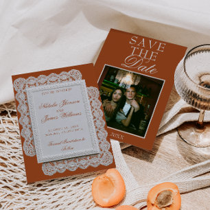 Reserve A Data Terracotta Laranja Queimada Renda Foto Casamento C