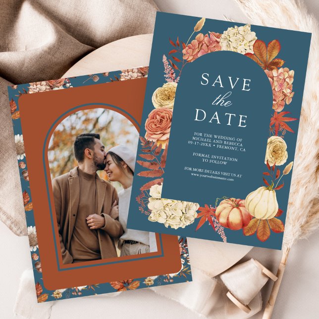 Reserve A Data Terracotta Pumpkin Floral Dusty Blue Wedding (Criador carregado)
