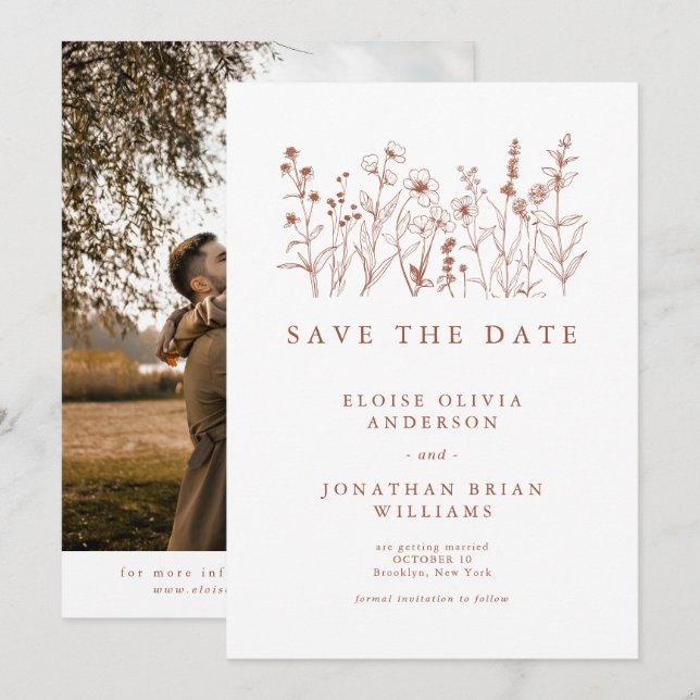Reserve A Data Terracotta Rustic Floral Fall Wildflower Photo (Frente/Verso)