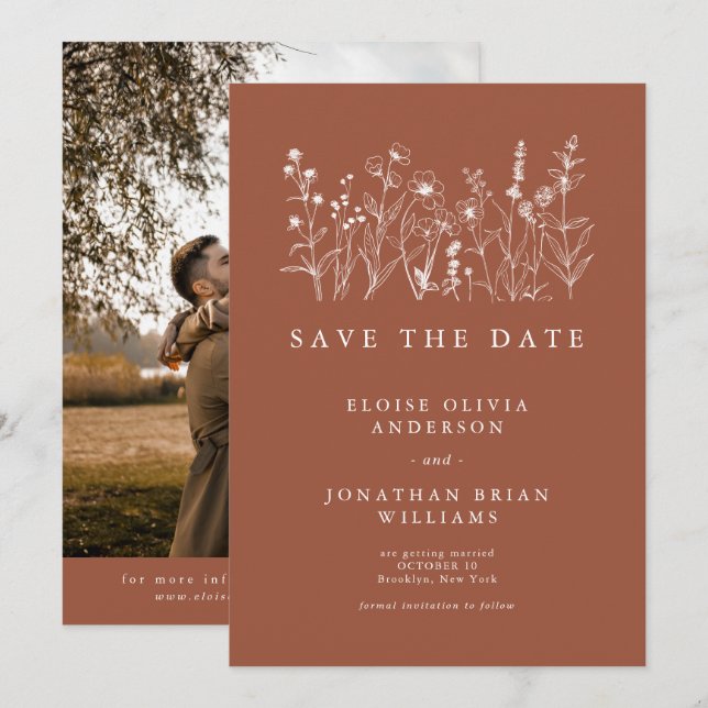 Reserve A Data Terracotta Rustic Floral Fall Wildflower Photo (Frente/Verso)