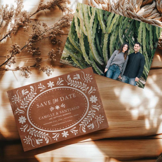 Reserve A Data Terracotta Talavera Foto para Salvar a Data (Terracotta Rustic Papel Picado Save the Date with Photo)