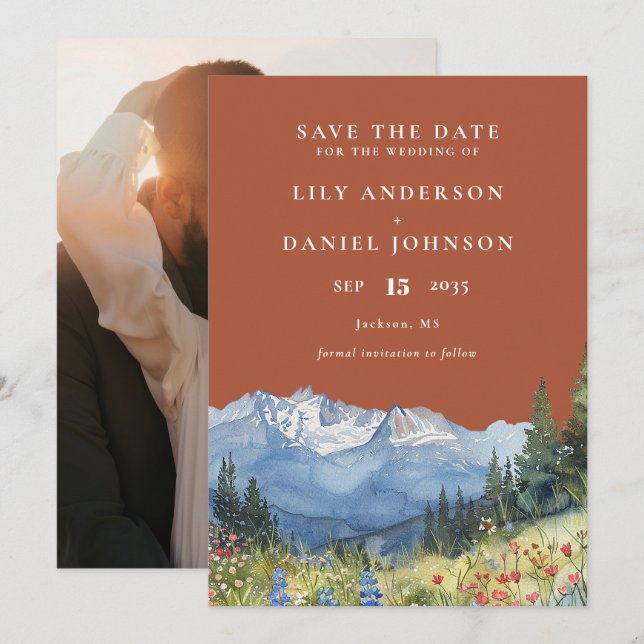 Reserve A Data Terracotta Watercolor Mountain Photo Wedding (Frente/Verso)