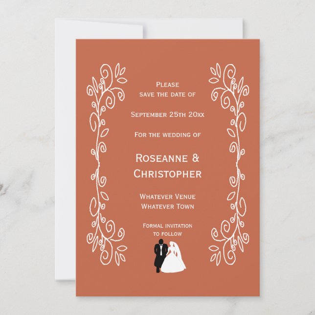 Reserve A Data Terracotta Wedding Salve The Date Card Node Groom (Frente)