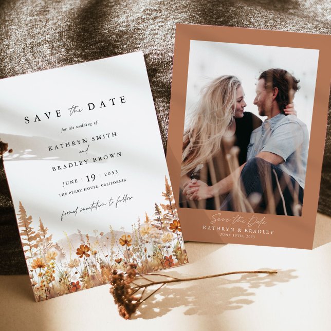 Reserve A Data Terracotta Wildflower Mountain Photo Back Wedding (Terracotta photo save the date wedding card with couple portrait and warm boho wildflower mountain )
