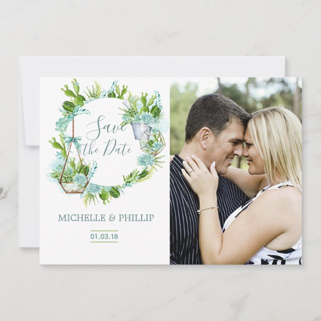 Reserve A Data Terrário de Vidro de Aquarela Suculto Salvar Data (Frente)