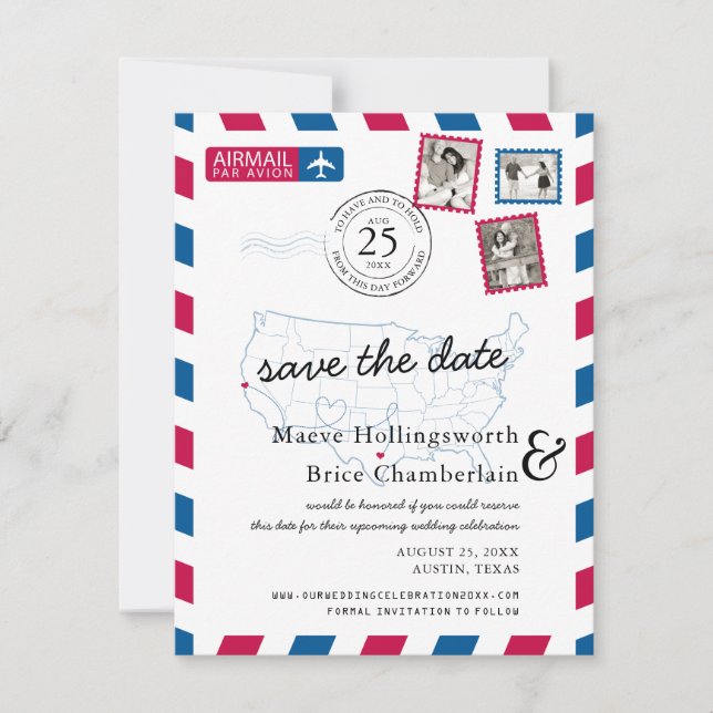 Reserve A Data Texas Norte Califórnia Correio Aéreo Salve a Data (Frente)