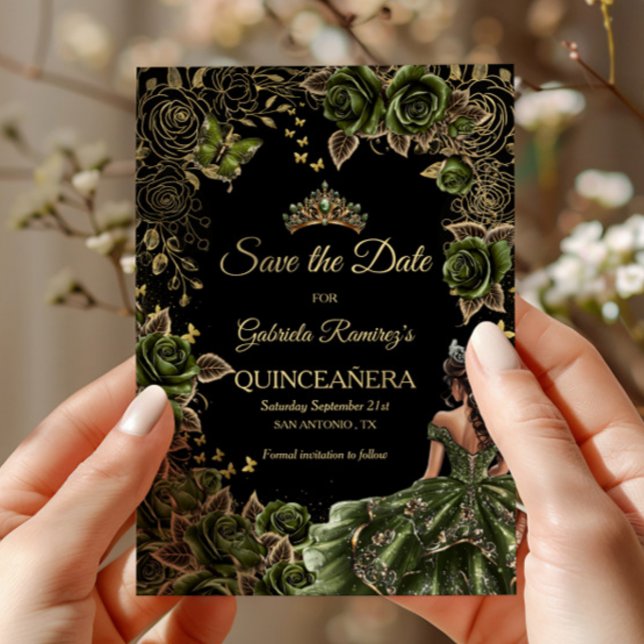 Reserve A Data Tiaro Dourado Borboleta Verde Esmeralda Quinceañer (Criador carregado)