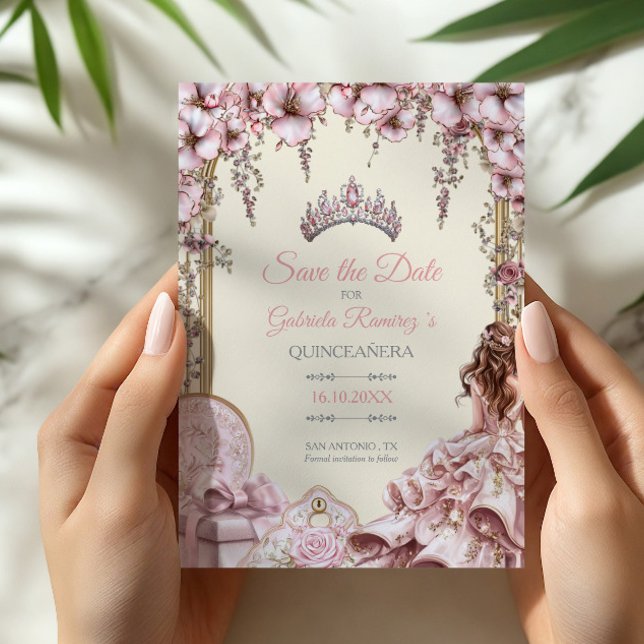 Reserve A Data Tiaro Floral Creme e Rosa Prata Quinceañera (Criador carregado)