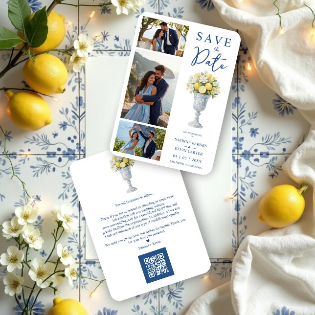 Reserve A Data Timeless Chalice Vase Mediterranean Lemons Flowers (Classic Chalice Vase with Mediterranean Lemons and Flowers 3-Photo Wedding Save the Date Cards.)