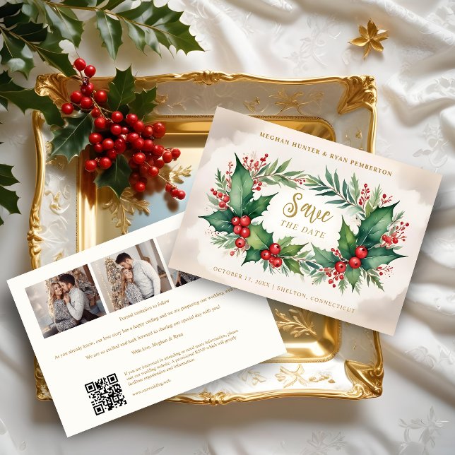 Reserve A Data Timeless Christmas Holly Branches 3 Photos Classic (Timeless Christmas Holly Branches 3 Photos Classic Collage Wedding Save the Dates Cards. )