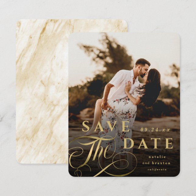 Reserve A Data Tipografia Dourada Elegante com Foto Marble Back (Frente/Verso)