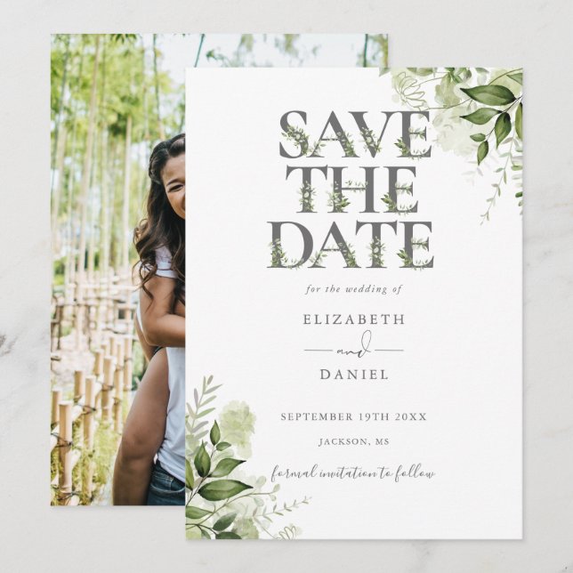 Reserve A Data Tipografia Floral Verde Foto Casamento (Frente/Verso)