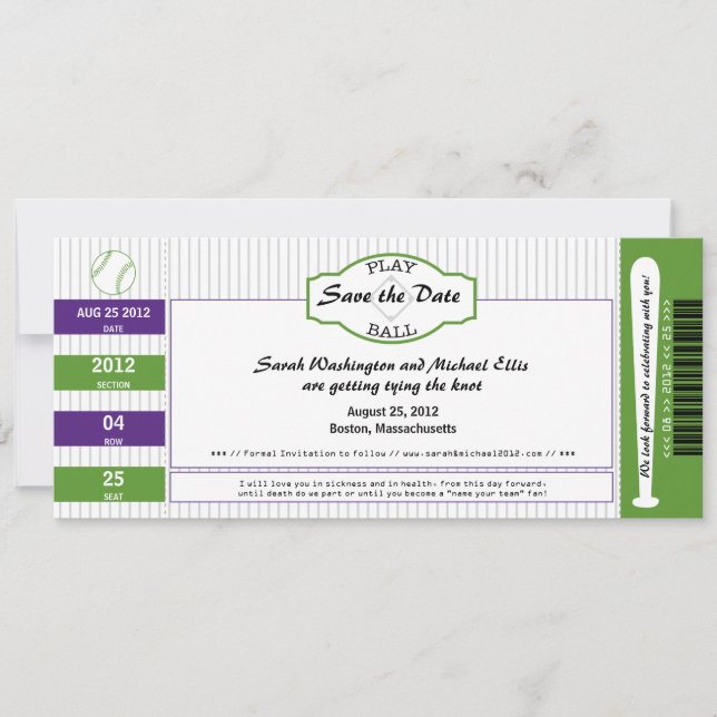 Reserve A Data Tíquete de Baseball Salvar a Data (Frente)