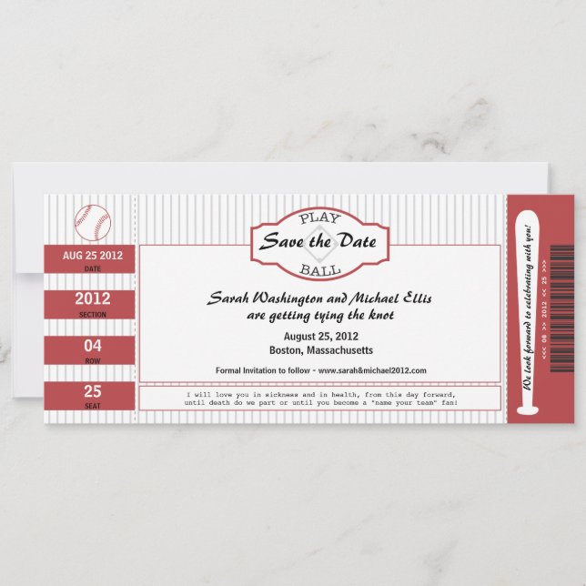 Reserve A Data Tíquete de Baseball Salvar a Data (Frente)