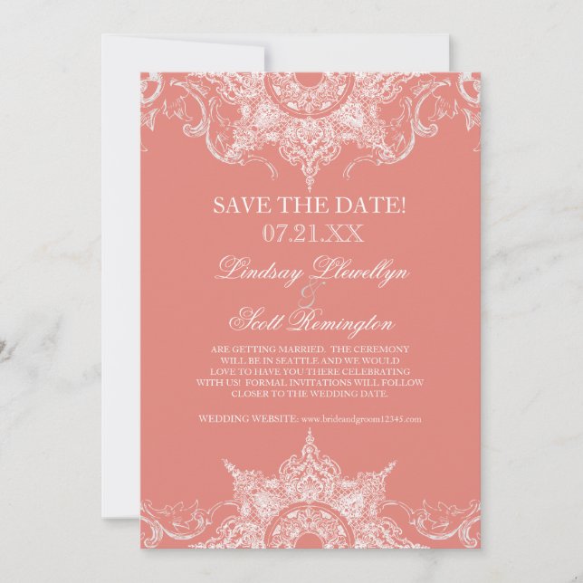 Reserve A Data Toalha Damask Swirl Save the Dates Coral Rosa (Frente)