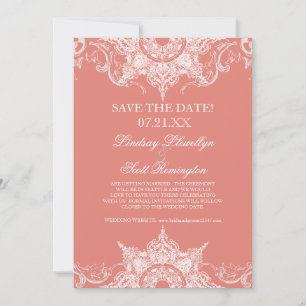 Reserve A Data Toalha Damask Swirl Save the Dates Coral Rosa