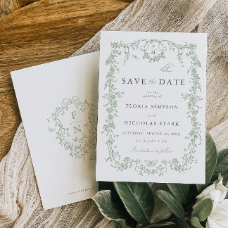 Reserve A Data Toile de Jouy Casamento Salvar a Data Sage Verde