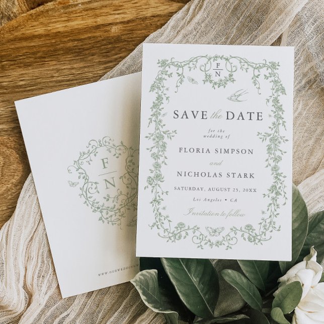 Reserve A Data Toile de Jouy Casamento Salvar a Data Sage Verde (Criador carregado)