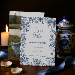Reserve A Data Toile Floral Romântico Azul Poeirento com Foto