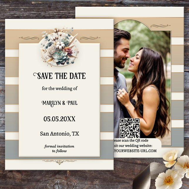 Reserve A Data Tons da Terra Tirados Foto Floral Salva Data (Wedding Photo Save the Date card featuring an elegant striped design in pastel earth tones)