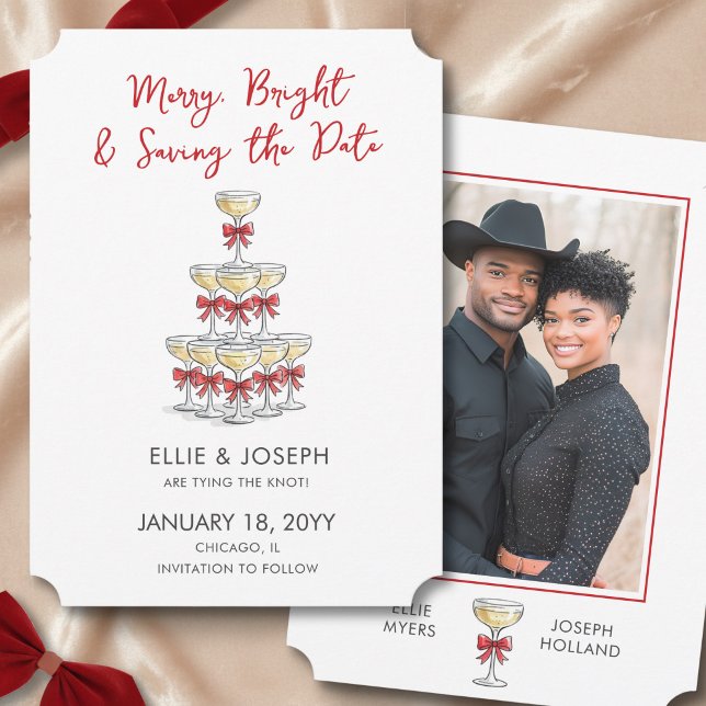 Reserve A Data Torre de Champanhe Alegre e Brilhante para Casamen (Merry Bright Wedding Save the Date with Champagne Tower and Engagement Photo by Darling & May)