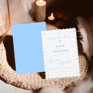 Reserve A Data Torre de Champanhe Manuscrita Azul Funky Casamento