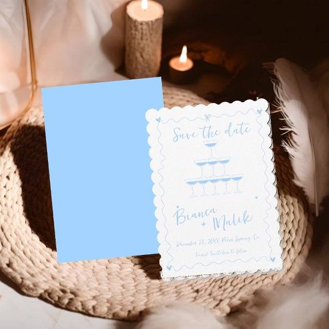 Reserve A Data Torre de Champanhe Manuscrita Azul Funky Casamento (Criador carregado)