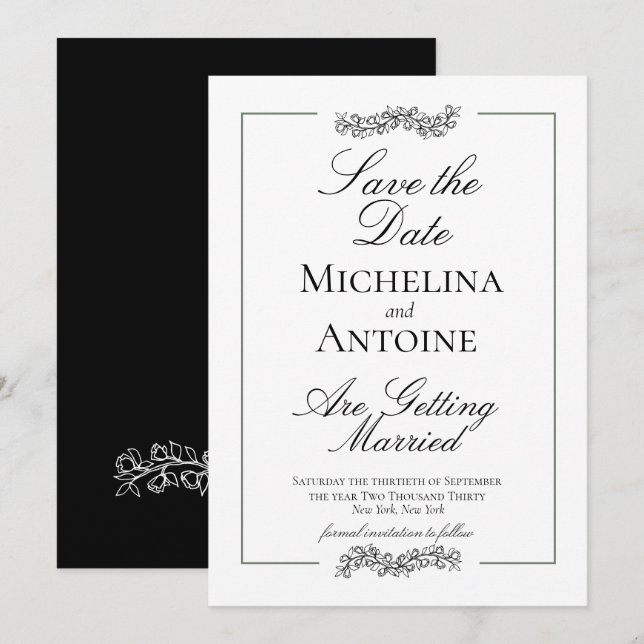 Reserve A Data Tradicional Formal Elegante Preto Branco | Casamen (Frente/Verso)