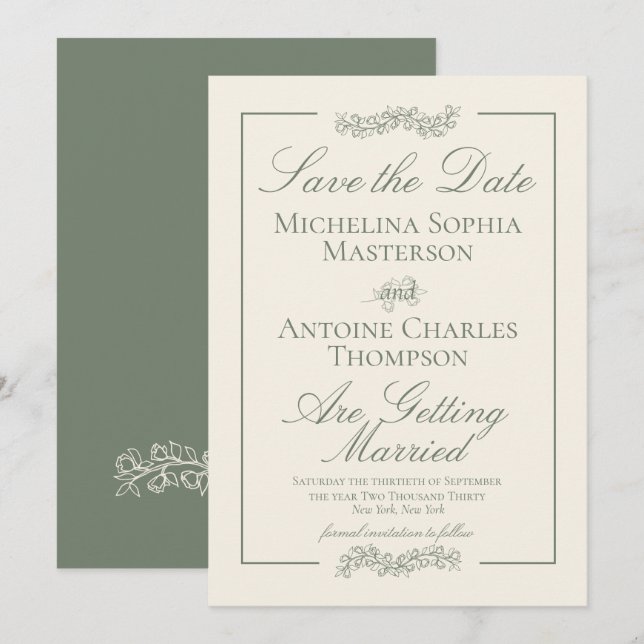 Reserve A Data Tradicional Formal Elegante Verde Sage | Casamento (Frente/Verso)