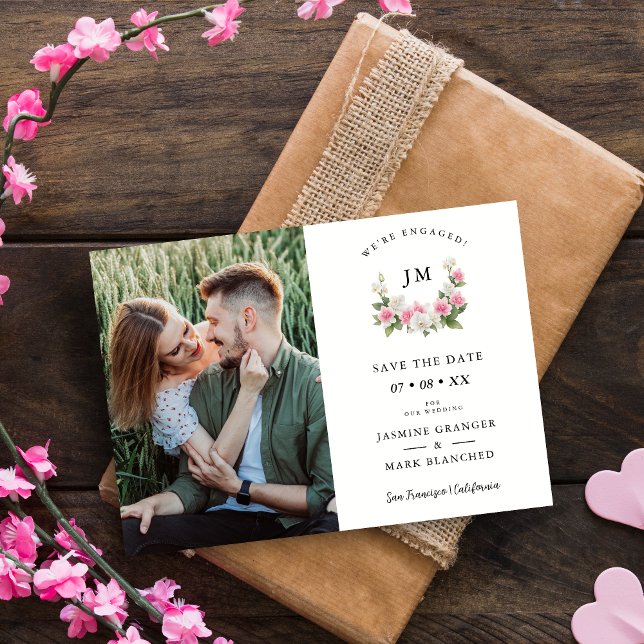 Reserve A Data Traditional Romantic Pink Floral Orchids Garland (Traditional Romantic Pink Shades Floral Orchids Garland Photo Wedding Initials Save the Date Card.)