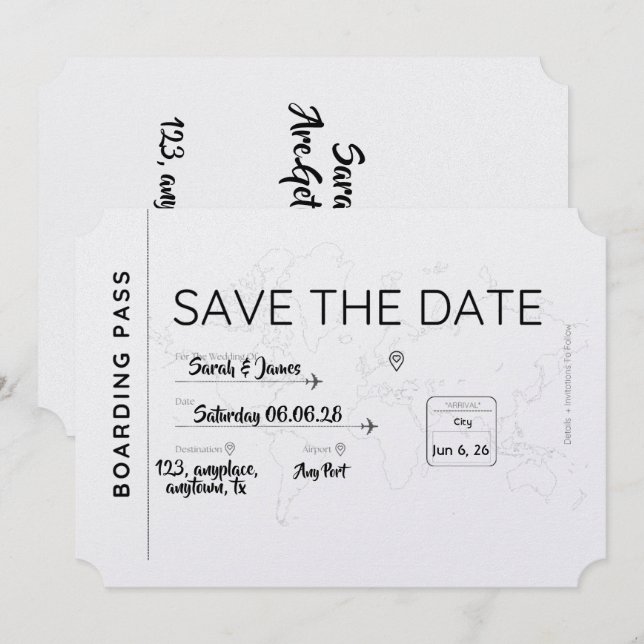 Reserve A Data travel lover save the date boarding pass (Frente/Verso)