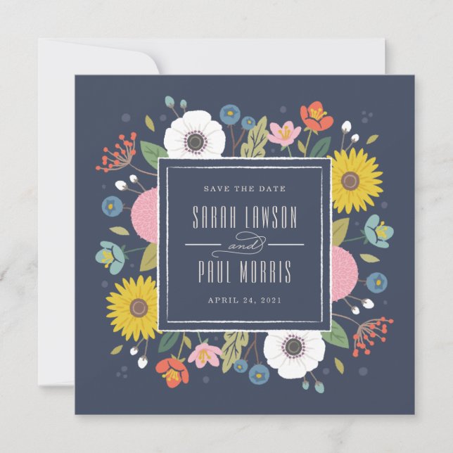 Reserve A Data Trellis Floral Quadro Save the Date - Azul Marinho (Frente)
