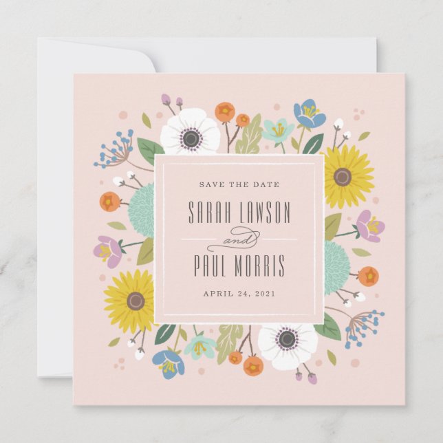 Reserve A Data Trellis Flower Frame Save the Date - Rosa (Frente)