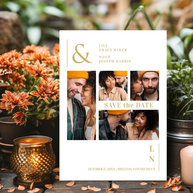 Reserve A Data Trendência ultra moderna, branca e Dourada 4 fotos (Ultra Modern Trendy White & Fake Gold 4 Multi Photos Collage Save the Date Card with Envelope.)