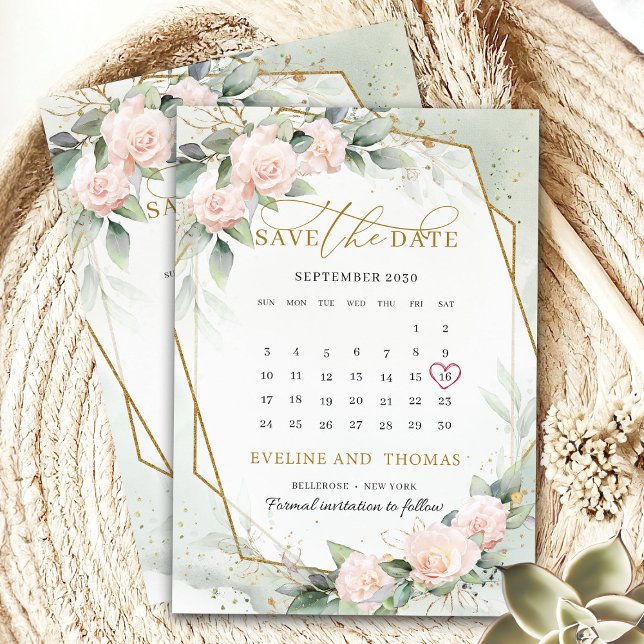 Reserve A Data Trendy boho blush gold frame calendário eucalipto (Trendy calligraphy script blush and gold save the date card)