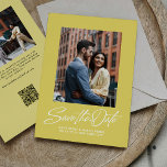 Reserve A Data Trendy citrus yellow stylish script two photo<br><div class="desc">This stylish save the date features a retro inspired script "save the date" under a single photo on a trendy color of the year citrus yellow background along with simple custom text. The back of this modern save the date has a coordinating yellow stripe along with a horizontal photo, room...</div>