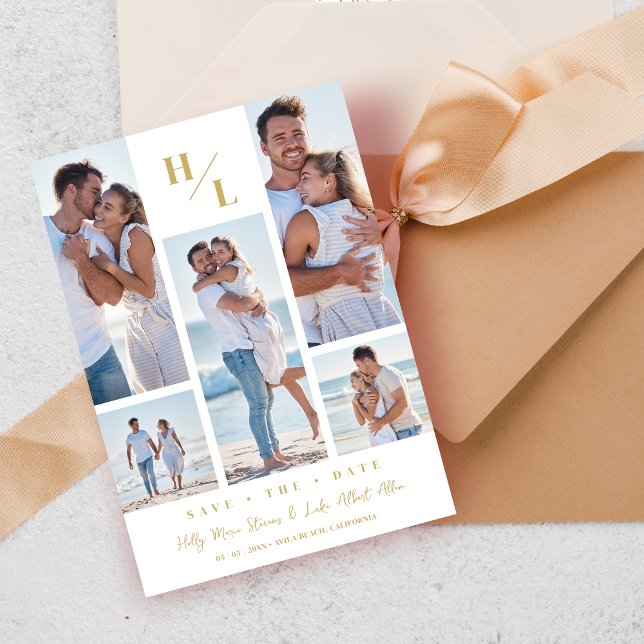Reserve A Data Trendy Initials Original Collage Wedding 5 Photos (Trendy Initials Original White Collage Wedding 5 Multi Photos Save the Date with Envelope.)
