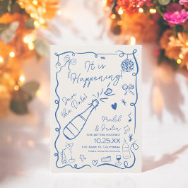 Reserve A Data Trendy retro French blue ilustra casamento com fot