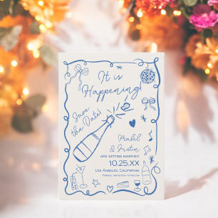 Reserve A Data Trendy retro French blue ilustra casamento com fot