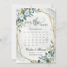 Reserve A Data Trendy Watercolor Flores azuis geladas Ouro Eucaly