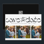 Reserve A Data Três fotos preto branco simples moderno trendy<br><div class="desc">Salve a data! Este design de save the date fotográfico único e elegante apresenta um tratamento de tipo moderno acima de uma colagem de três fotos. É um cartão perfeitamente moderno para anunciar seu noivado e casamento próximo. O verso é um preto chic correspondente com espaço para uma mensagem personalizada...</div>