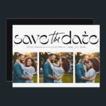 Reserve A Data Três fotos preto e branco simples moderno trendy<br><div class="desc">Salve a data! Este sofisticado e exclusivo design de save the date apresenta um tratamento de texto moderno acima de uma colagem de três fotos. É um cartão perfeitamente moderno para anunciar seu noivado e casamento. O verso é um preto chic combinando, com espaço para uma mensagem personalizada que pode...</div>