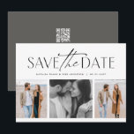Reserve A Data Três fotos simples e elegantes em preto e branco<br><div class="desc">Este cartão de "save the date" simples, mas elegante, é a maneira perfeita de anunciar o seu noivado e casamento próximo para amigos e familiares. A frente deste "save the date" apresenta um tratamento de texto moderno em preto acima de uma colagem de três fotos. O verso é uma cor...</div>