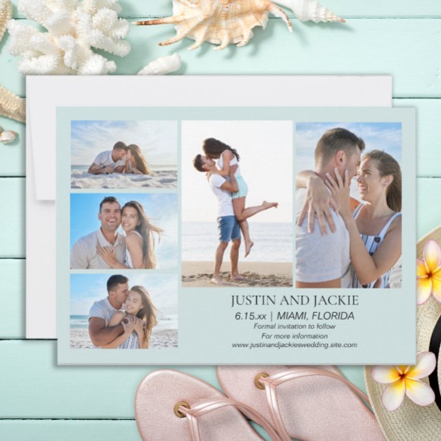 Reserve A Data Tropical Azul 5 Foto Casamento Save Date    (Tropical beach blue wedding photo Save the Date card)