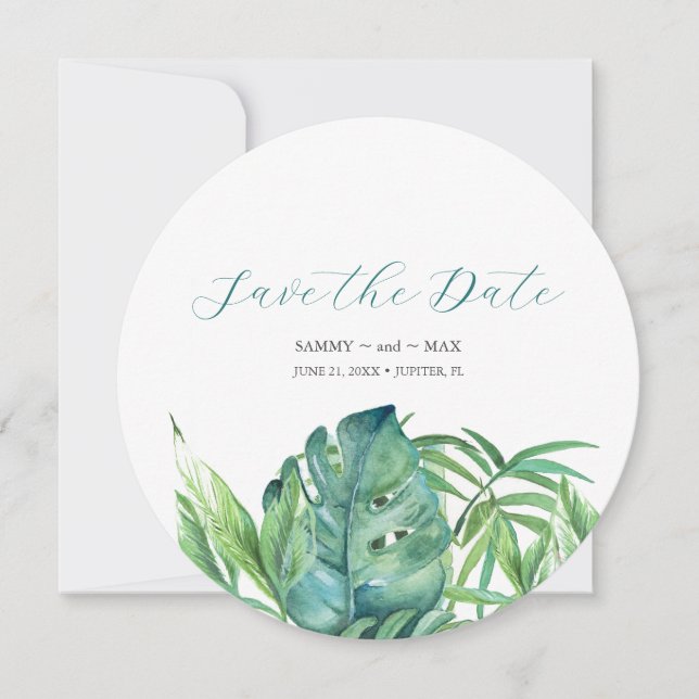 Reserve A Data Tropical Chic Aquarela Folhagem Salve a Data (Frente)
