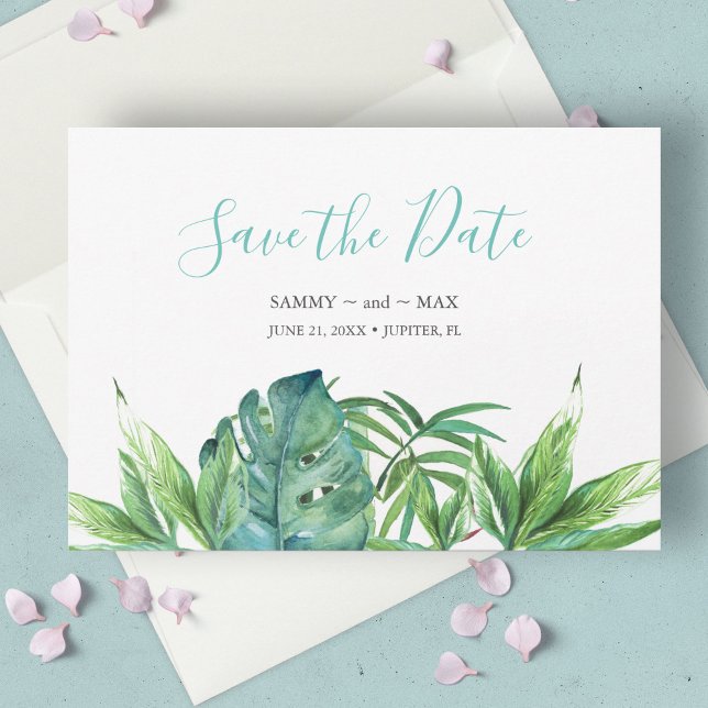 Reserve A Data Tropical Chic Aquarela Folhagens Salve a Data (tropical beach wedding save the date invitation card features watercolor tropical leaves, )